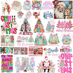 Large bundle of pink brushstroke Christmas designs including trees, gingerbread houses, and holiday text