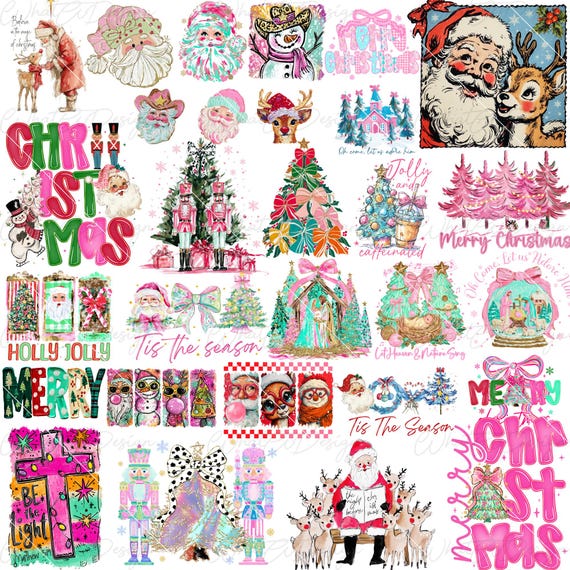 Pink Brushstroke Christmas PNG Bundle, Preppy Christmas png,floral coquette tree png, merry bright doodle png,holly jolly png, christmas png