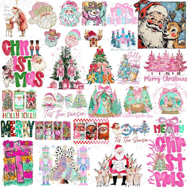 Large bundle of pink brushstroke Christmas designs including trees, gingerbread houses, and holiday text