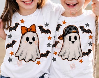 Boy Girl Ghost PNG Bundle, Retro Halloween Ghost Shirt Design, Kids Spooky Season Sublimation, Checker Cap Bow Ghost PNG