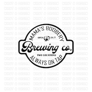 May include: Black and white logo for Mama's Boobery Brewing Co. with the text "Open 24/7" and "Two Locations" and the slogan "Always on Tap".