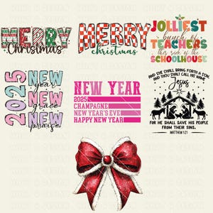 May include: A digital collage of Christmas and New Year's themed designs. The designs include the words "Merry Christmas", "New Year", "Champagne", "New Year's Eve", "Happy New Year", and "Jolliest bunch of teachers this side of the schoolhouse". There is also a red bow with white trim and a black and white illustration of the nativity scene with the text "And she shall bring forth a son, and thou shalt call his name Jesus. For he shall save his people from their sins. Matthew 1:21".
