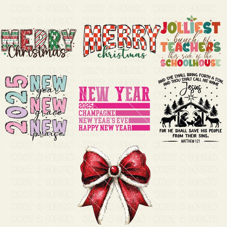 May include: A digital collage of Christmas and New Year's themed designs. The designs include the words "Merry Christmas", "New Year", "Champagne", "New Year's Eve", "Happy New Year", and "Jolliest bunch of teachers this side of the schoolhouse". There is also a red bow with white trim and a black and white illustration of the nativity scene with the text "And she shall bring forth a son, and thou shalt call his name Jesus. For he shall save his people from their sins. Matthew 1:21".