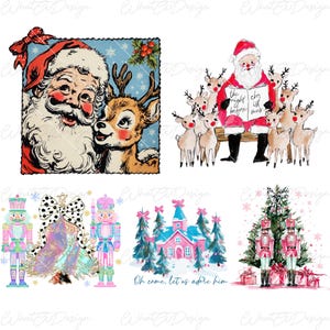 May include: A collection of Christmas-themed digital designs. The designs include Santa Claus with a reindeer, Santa reading to reindeer, nutcrackers, a pink church, and a Christmas tree. The text "Oh come, let us adore him" is included.