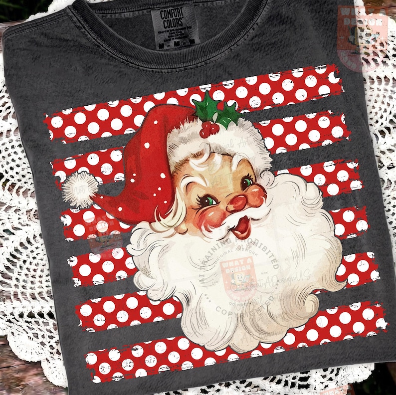 Vintage retro Santa Claus face illustration on a red and white polka dot striped background