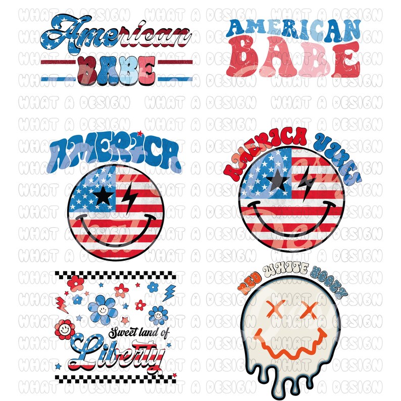 K&ouml;nnte beinhalten: Vier digitale Designs in Rot-, Wei&szlig;- und Blaut&ouml;nen. Die Designs beinhalten den Text "American Babe", "America", "America Vibes" und "Red White & Boozy" mit einem Smiley-Grafik.