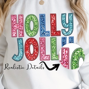 Namaakborduurwerk Holly Jolly, pailletten glitter sublimatieontwerp download png, retro kerstsublimatie png, imitatie pailletten png