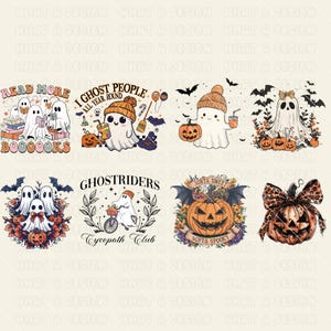 May include: A set of 10 Halloween-themed digital designs featuring ghosts, pumpkins, and bats. The designs include phrases like "Read More Booooks", "I Ghost People All Year Round", "Ghostriders Cycopath Club", and "Sorta Sweet Sorta Spooky".