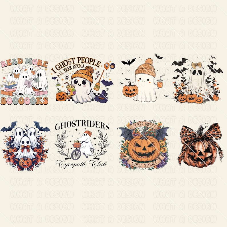May include: A set of 10 Halloween-themed digital designs featuring ghosts, pumpkins, and bats. The designs include phrases like "Read More Booooks", "I Ghost People All Year Round", "Ghostriders Cycopath Club", and "Sorta Sweet Sorta Spooky".