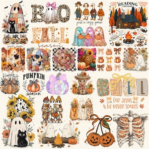 May include: A collection of fall-themed digital designs featuring ghosts, pumpkins, and seasonal text. Designs include a skull, a smiley face, and a cozy cabin scene. The color palette includes orange, brown, and cream.