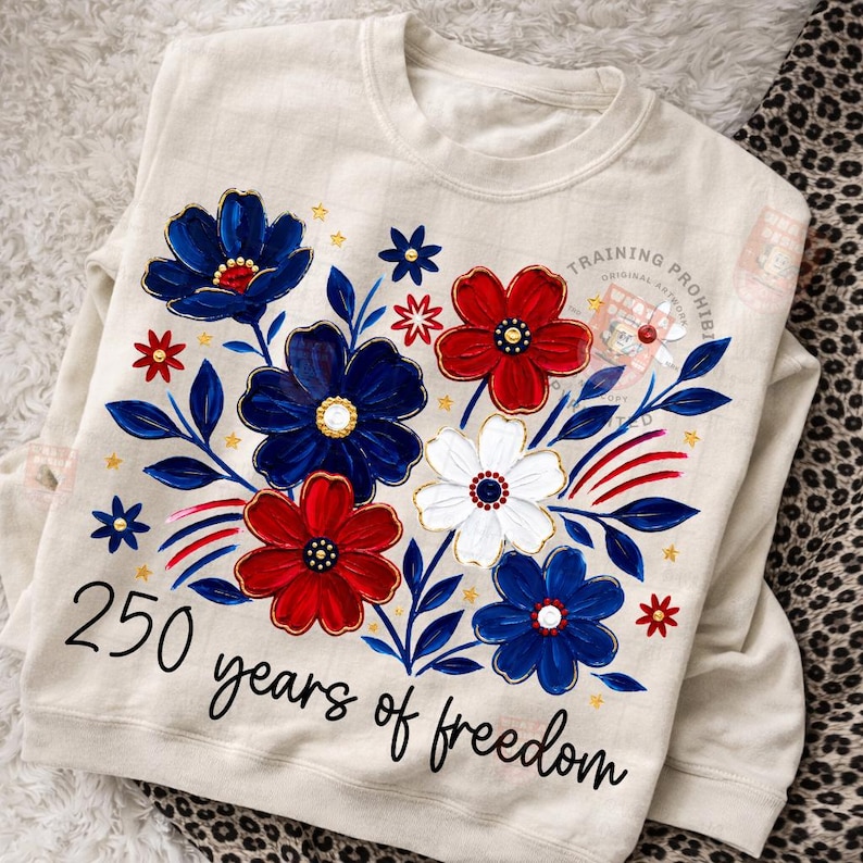 May include: Cream-colored sweatshirt featuring a floral design in red, white, and blue, with gold accents. The design includes the text "250 years of freedom" in black script, celebrating a patriotic theme.