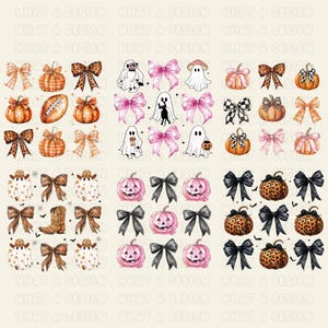 May include: A collection of digital illustrations featuring bows, pumpkins, ghosts, and cowboy-themed elements. The pumpkins have various patterns, including leopard print and checkered designs. The bows are in different colors and patterns.