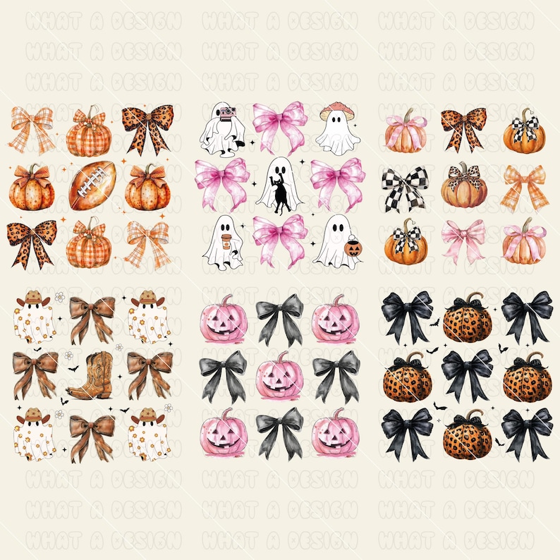May include: A collection of digital illustrations featuring bows, pumpkins, ghosts, and cowboy-themed elements. The pumpkins have various patterns, including leopard print and checkered designs. The bows are in different colors and patterns.