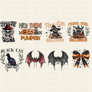 May include: A set of ten Halloween-themed digital designs featuring various spooky and cute illustrations. The designs include a spooky skull with the text "Spooky Vibes", a pumpkin with the text "Hey There Pumpkin", a raccoon with the text "Feral Girl Halloween", a bat with wings spread, a black cat with the text "Black Cat Social Club", and a bow with a spiderweb design.