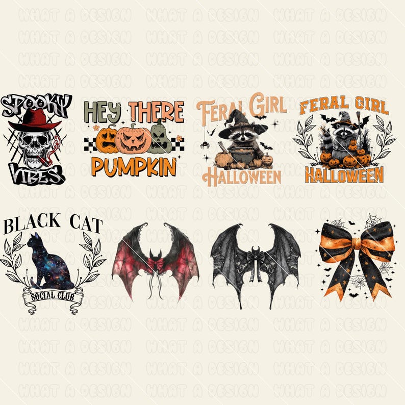 May include: A set of ten Halloween-themed digital designs featuring various spooky and cute illustrations. The designs include a spooky skull with the text "Spooky Vibes", a pumpkin with the text "Hey There Pumpkin", a raccoon with the text "Feral Girl Halloween", a bat with wings spread, a black cat with the text "Black Cat Social Club", and a bow with a spiderweb design.