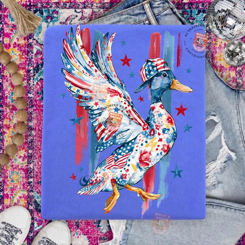 May include: A colourful illustration of a duck decorated with patriotic patterns, including stars, stripes, and the American flag. The duck wears a matching cap and has outstretched wings. Red and blue brushstrokes and stars accent the background.
