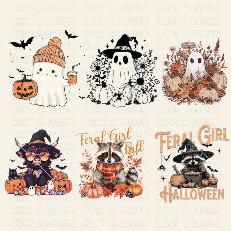 May include: A collection of whimsical Halloween-themed illustrations. The designs feature ghosts, pumpkins, bats, and raccoons, with text that reads "Feral Girl Fall" and "Halloween". The color palette includes orange, black, and white.
