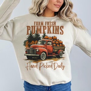 Op de afbeelding: Een beige sweatshirt met een afbeelding van een rode vrachtwagen die pompoenen vervoert. De tekst "Farm Fresh Pumpkins" en "Hand Picked Daily" staat op het shirt gedrukt.