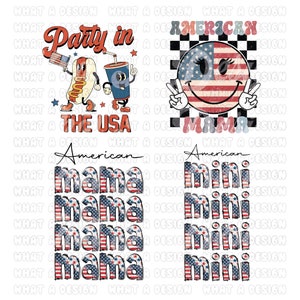 K&ouml;nnte beinhalten: Ein digitales Designblatt mit vier verschiedenen Designs. Das erste Design sagt "Party in the USA" mit einem Hotdog und einem Soda. Das zweite Design sagt "American Mama" mit einem Smiley in den Farben der amerikanischen Flagge. Das dritte Design sagt "American Mama" viermal mit den Farben der amerikanischen Flagge. Das vierte Design sagt "American Mini" viermal mit den Farben der amerikanischen Flagge.