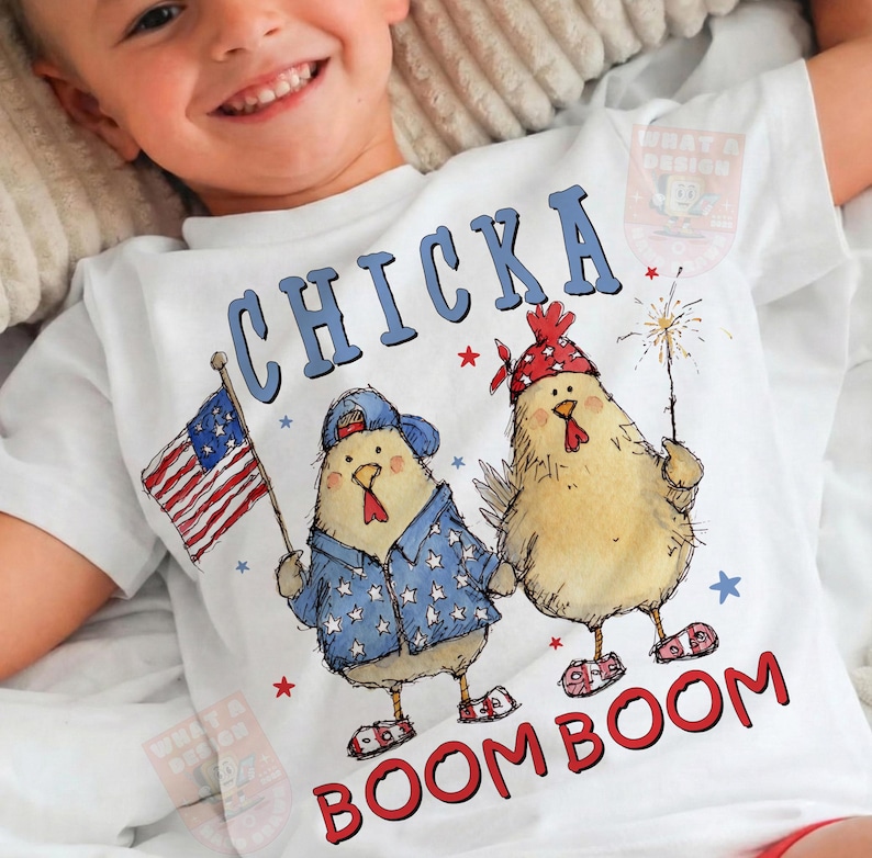 May include: White t-shirt with a patriotic design featuring two cartoon chickens. One chicken holds an American flag, the other a sparkler. The shirt has the words "CHICKA BOOM BOOM" in blue and red.