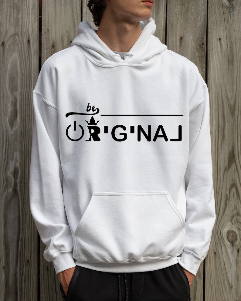 May include: White hooded sweatshirt with a black graphic that says "be ORIGINAL" with a crown and power button symbol.