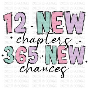 K&ouml;nnte beinhalten: Ein farbenfrohes Grafikdesign mit dem Text "12 Neue Kapitel 365 Neue Chancen". Die Zahlen sind in Rosa, Lila und Gr&uuml;n mit schwarzem Umriss. Der Text "Kapitel" und "Chancen" ist in Schwarz.