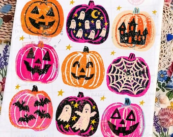 Colorful Pumpkin PNG, Hand Drawn Halloween Pumpkin Collage Sublimation, Spooky Ghost Pumpkin Shirt Png, Trendy Autumn Fall Stars Png