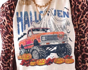 Halloween Monster Truck PNG, Ghost Sublimation Design, Spooky Fall Pumpkin Truck Shirt Graphic Retro Digital Download Clipart DTF