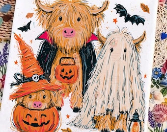 Funny Halloween Highland Cow Png, Spooky Highlander Cow Fall Sublimation Design for Shirt, Cute Pumpkin Trendy Digital Download Dtf Graphic