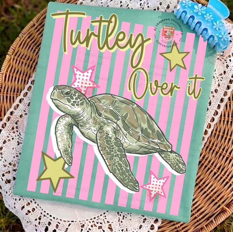 Turtley Over It Png, Striped Turtle Png, Funny Animal Meme Design, Retro Summer Coastal Preppy Stripes, Sea Turtle Digital Download image 1