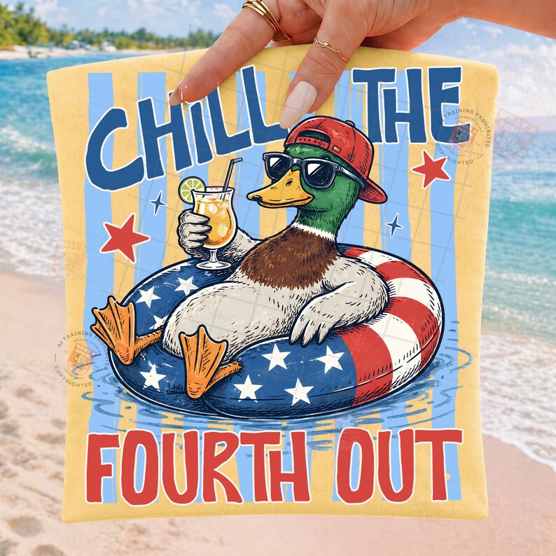 May include: A yellow beach towel with the text "CHILL THE FOURTH OUT" in blue and red. The towel features a cartoon duck wearing sunglasses and a red cap, floating in a patriotic inner tube and holding a cocktail.