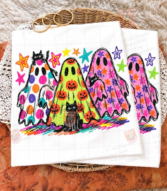 Preppy Halloween Ghost and Cat PNG, Colorful Leopard Ghost PNG, Glitter Tee Design, Viral Preppy Girly Ghost PNG, Black Cat Clipart