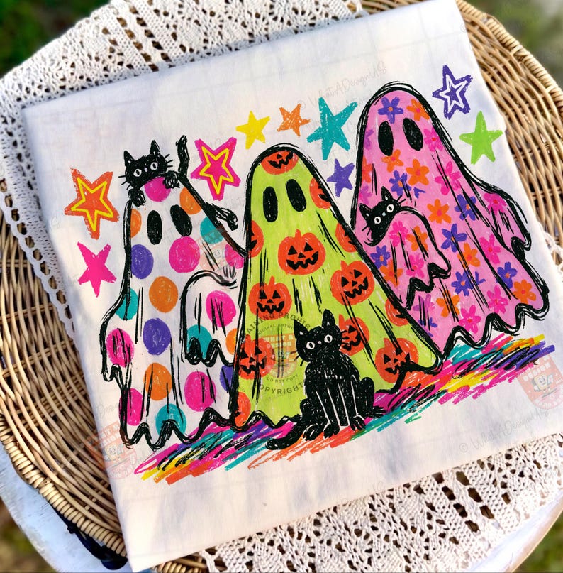Preppy Halloween-Geist und Katze PNG, Bunter Leopard-Geist PNG, Glitzer-T-Shirt-Design, Viral Preppy Girly Geist PNG, schwarze Katze Clipart Bild 2