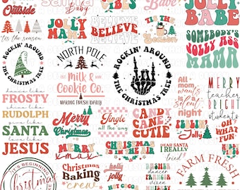 May include: A digital collage of Christmas-themed illustrations and text. The illustrations include a Christmas tree, a snowman, a candy cane, and a Santa Claus. The text includes phrases like "Rockin' Around the Christmas Tree", "Merry Christmas", "Jingle All the Way", and "Candy Cane Cutie".
