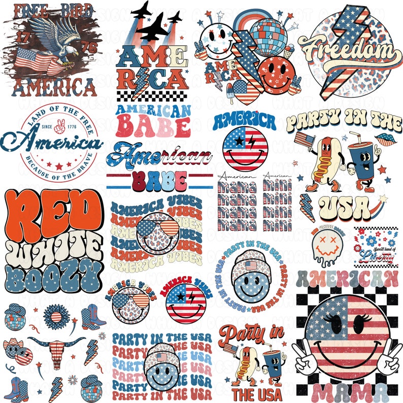 K&ouml;nnte beinhalten: Eine Sammlung von rot-wei&szlig;-blauen Grafikdesigns mit amerikanischen Flaggen, Sternen, Streifen und Smiley-Gesichtern. Die Designs beinhalten S&auml;tze wie "American Babe", "Party in the USA" und "Red White Boozy".