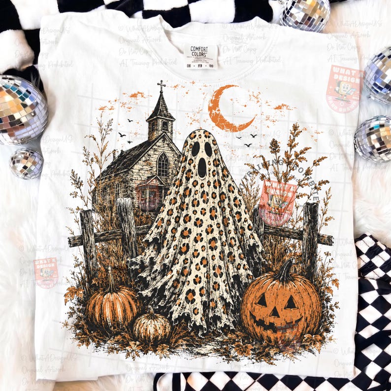 May include: A white t-shirt featuring a graphic print of a ghost with a leopard print pattern, a church, a crescent moon, and two pumpkins. The design includes a wooden fence and dried grass elements. The shirt has a Comfort Colors brand label.
