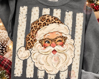 Leopard Santa PNG, Girly Christmas Santa PNG, Painted Retro Santa Face, Funky Holiday Sublimation, Boutique Christmas Png