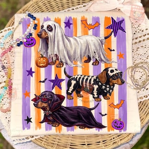 May include: A white t-shirt featuring three dachshunds in Halloween costumes: one as a ghost with a pumpkin, one as a skeleton, and one as a vampire. The background has vertical orange and purple stripes with stars, bats, and jack-o'-lanterns.