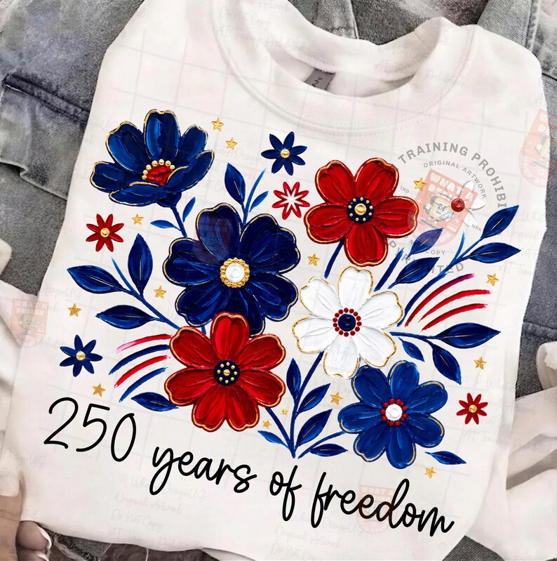 May include: White sweatshirt with a floral design in red, white, and blue. The flowers are accented with gold trim and surrounded by blue leaves and small gold stars. The text "250 years of freedom" is written in black script.