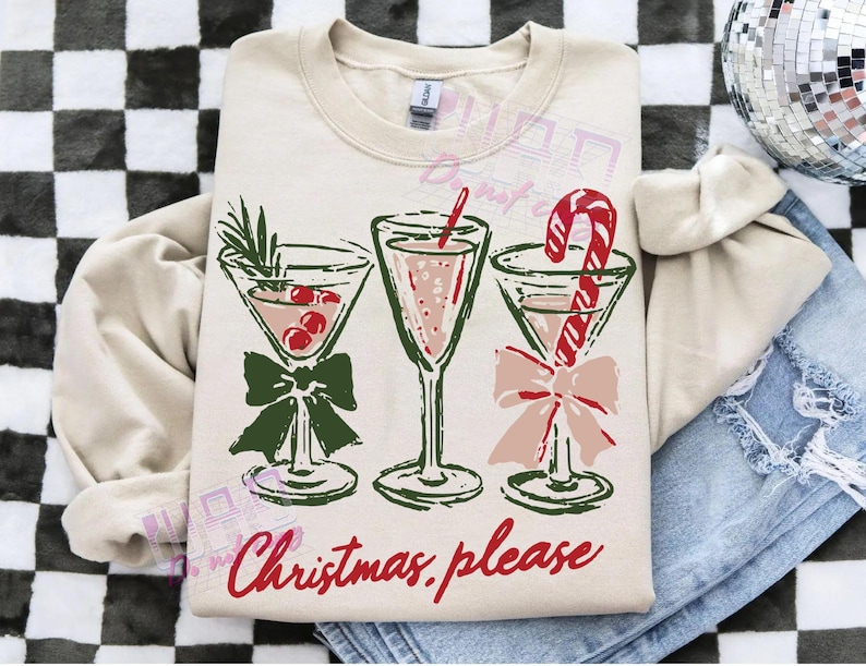 Christmas, please text design with illustrated holiday cocktail glasses and candy cane