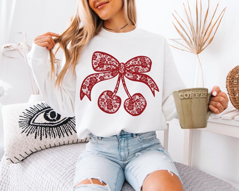 Cherry Lace Bow PNG, Coquette Bow Shirt Design, Lace Coquette Bow Png