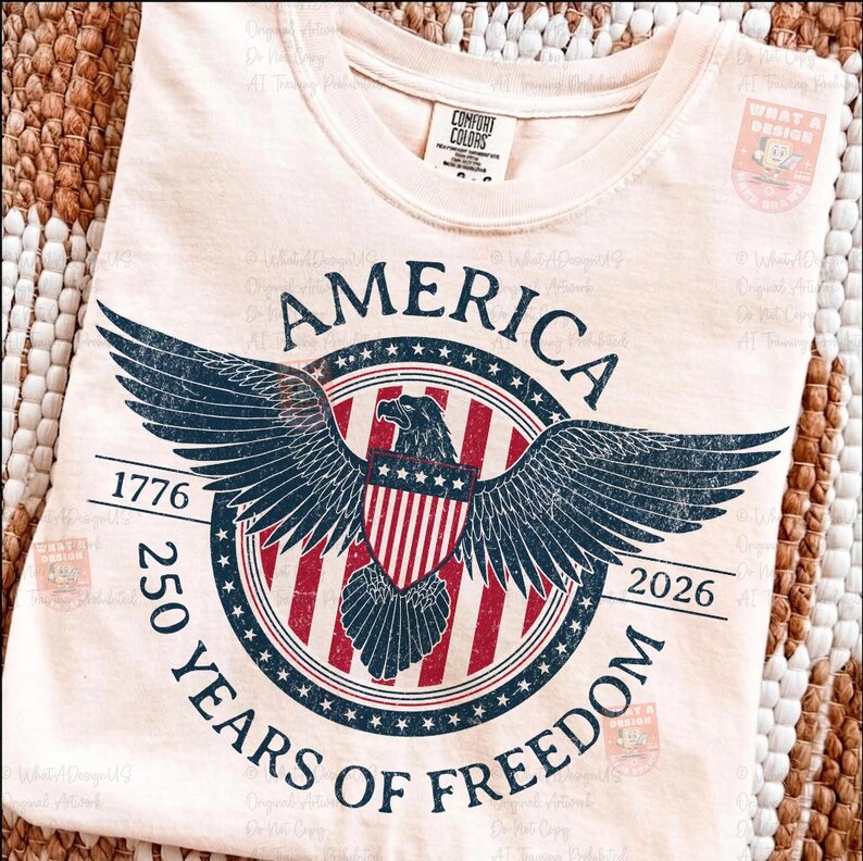May include: Cream-colored t-shirt featuring a distressed graphic celebrating 250 years of American freedom. The design includes a patriotic eagle with outstretched wings, a shield, and the text "AMERICA" and "250 YEARS OF FREEDOM". The shirt also displays the years 1776 and 2026.