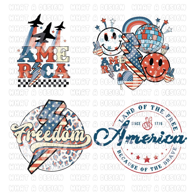 K&ouml;nnte beinhalten: Vier digitale Designs mit patriotischen Motiven in Rot, Wei&szlig; und Blau. Die Designs beinhalten eine Grafik mit den Worten "America" und "Freedom" im Vintage-Stil, eine Grafik mit den Worten "Land of the Free" und "America" in einem kreisf&ouml;rmigen Design, eine Grafik mit den Worten "America" und "Rica" im Vintage-Stil und eine Grafik mit zwei Smiley-Gesichtern und einer Discokugel.