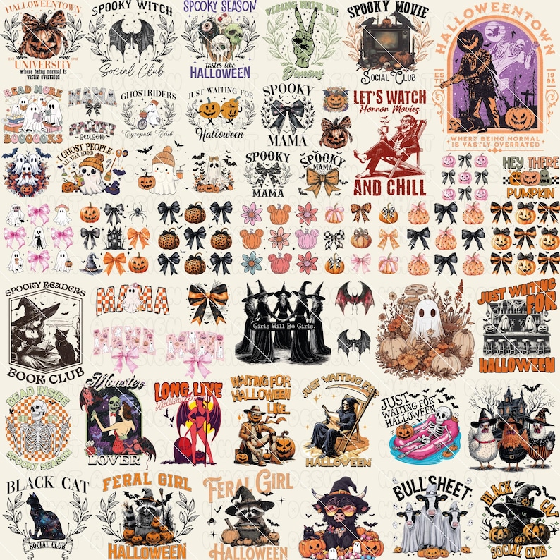 Digital Retro Halloween PNG bundle collage featuring skulls, ghosts, witches, and bow illustrations.