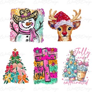 May include: A collection of colorful Christmas-themed designs. Includes a snowman wearing a cowboy hat, a reindeer with a Santa hat, a Christmas tree with bows, a cross with text, and a Christmas tree with a coffee drink.