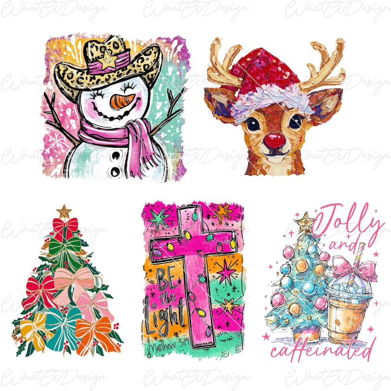 May include: A collection of colorful Christmas-themed designs. Includes a snowman wearing a cowboy hat, a reindeer with a Santa hat, a Christmas tree with bows, a cross with text, and a Christmas tree with a coffee drink.