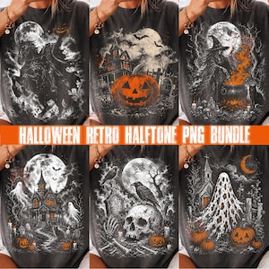 Op de afbeelding: Een collectie van zes zwarte T-shirts met diverse Halloween-thema grafische prints in halftoonstijl. De ontwerpen bevatten een ruiter zonder hoofd, een spookhuis met pompoen, een heks met ketel, geesten, een schedel en een spook.