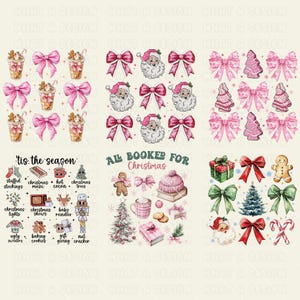 May include: A digital sheet of Christmas-themed stickers featuring illustrations of Santa Claus, Christmas trees, presents, gingerbread men, candy canes, and bows in pink, red, and green.