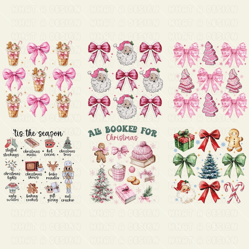 May include: A digital sheet of Christmas-themed stickers featuring illustrations of Santa Claus, Christmas trees, presents, gingerbread men, candy canes, and bows in pink, red, and green.