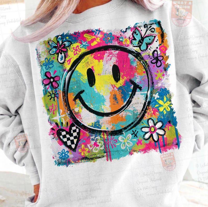 May include: White sweatshirt featuring a large, colorful graphic of a smiley face surrounded by flowers, butterflies, and a checkered heart. The design uses bright pink, yellow, blue, and green paint strokes for a vibrant, artistic look.